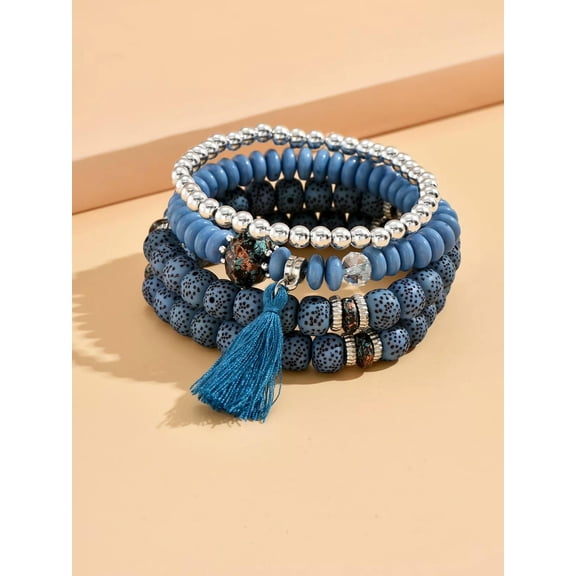 EOEMY 4Pcs Tassel Charm Blue And Silver Beaded Bracelet Women Bracelet Stackable-Default