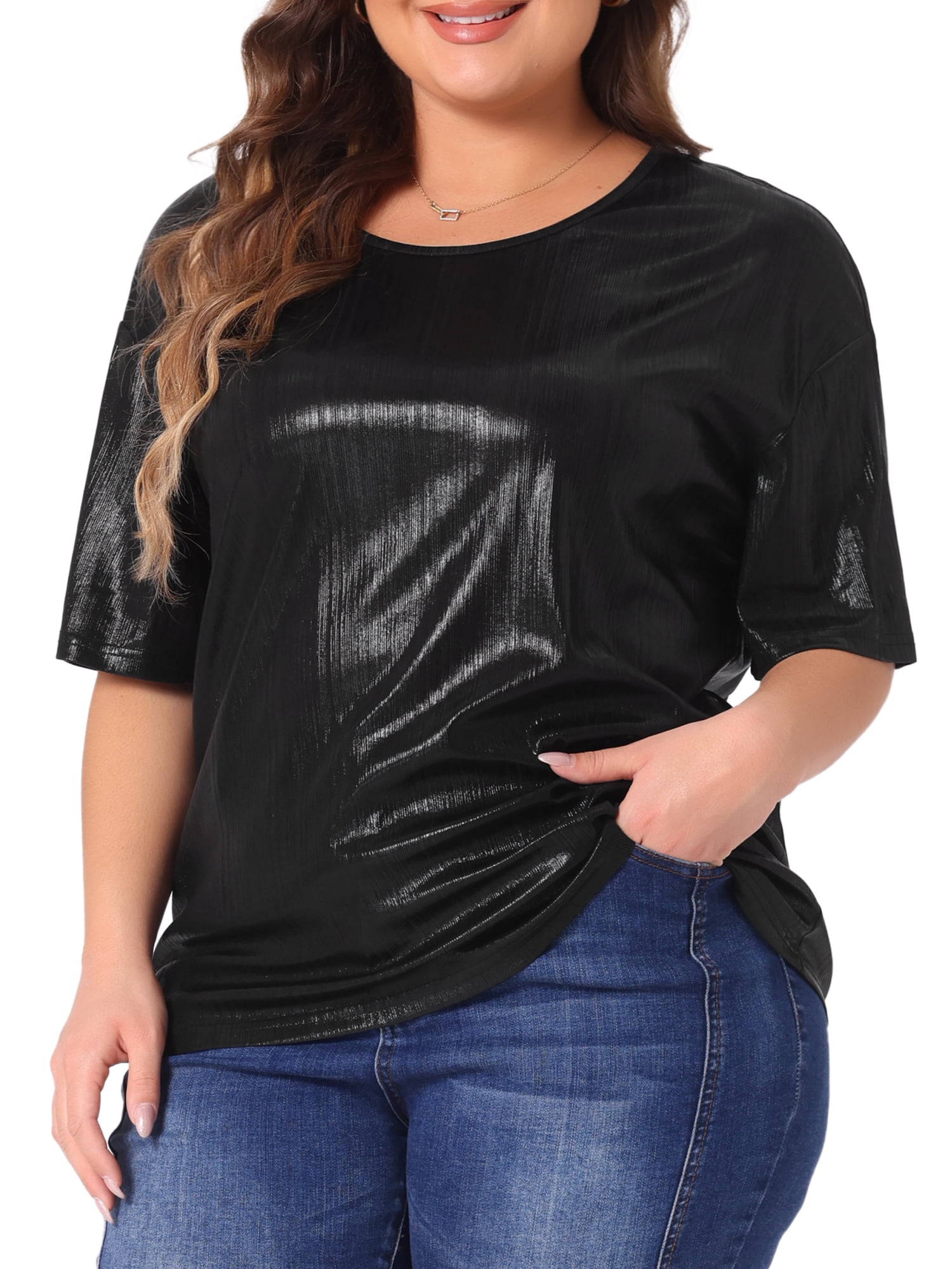 DARING DIVA Women's Plus Size Metallic Round Neck Short Sleeve Blouses 2X Black