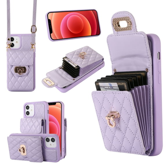 Nalacover Crossbody Wallet Case for iPhone 12 mini, [6 Card Slots] Leather Purse Phone Case Luxury Buckle Closure Card Holder Shoulder Strap Handbag Case Women For iPhone 12 mini, Purple