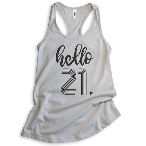 Hello 21 Tank Top, Ladies Racerback Tank Top, 21st Birthday Tank, Twenty-first Birthday Tank, B-day Tank, Silver Gray, X-Large