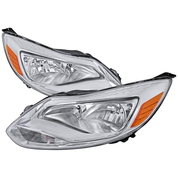 Factory Style Headlights w/ Amber Reflectors (Chrome Housing/Clear Lens) Made for and Compatible with 2012-2014 Ford Focus
