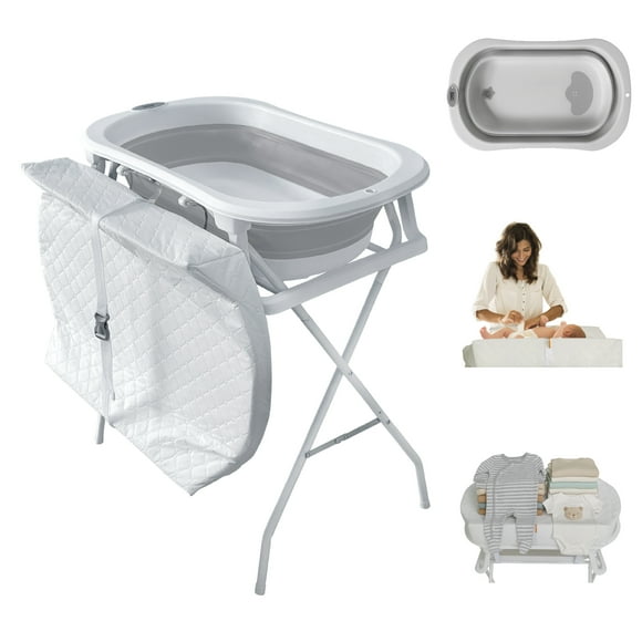Bebbly Bañera para Bebé con Soporte Metálico, Tina 2 en 1 con Cambiador, Altura Cómoda para Mamá, Compartimentos y Repisa, Plegable y Segura, Ideal para Baño, Cambio y Almacenaje (Gris)