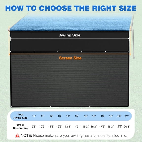 RV Awning Sun Shade Screen with Zipper 8' X 11'3", 1200D Oxford Cloth + Vinyl Mesh, 95%  Protection, Easy Install for Trailer