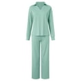 thumbnail image 6 of felwors Women's 2 Piece Sets Outfits Casual Long Sleeve Sweatsuits Polo Top and Wide Leg Pants Matching Sets Light Green, S, 6 of 8