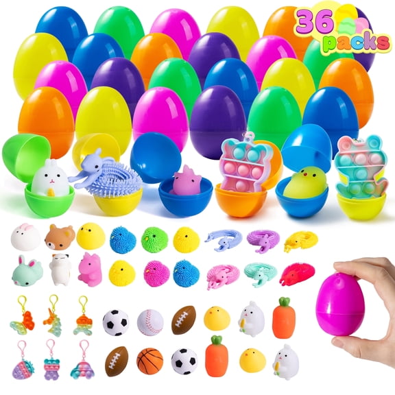 Joyfy 36 Packs Stress Relief Toys Prefilled Easter Eggs,Kawaii Mochi Squishy Toy Stress Relief Toys Filled Plastic Easter Eggs for Easter Basket Stuffers Party Favor Egg Hunt for Kids