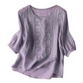 thumbnail image 3 of Women's Vintage Hollow Out Breathable Solid Color And Linen Short Sleeve T Shirt Exercise Tops Tee for Women Short Sleeve for Women Casual Women Solid Tee Women's Athletic Tops Tee Shirts Girls, 3 of 3