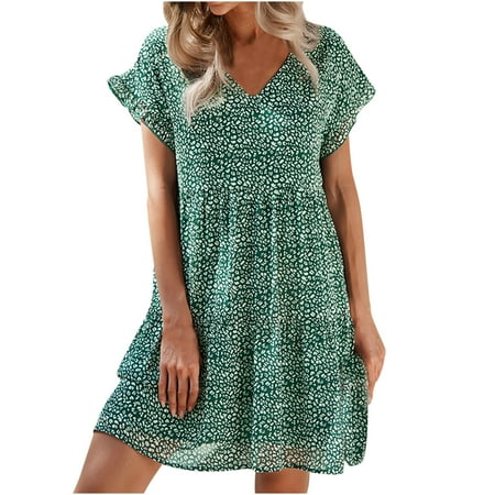 

Maxi Dress for Women White Dress Women Women s Fashion Causual V-Neck Leaf Sleeves Chiffon Floral Boho Beach Short Sleeve Dress Summer Dresses Cocktail Dress Summer Savings Clearance Green M