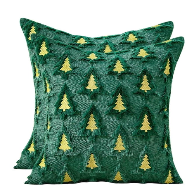 Juego de 2 fundas de almohada con diseño de árbol de Navidad (45 x 45 cm) | Fundas de almohada navideñas de lana sintética para sofá, cama y porche | Adornos navideños suaves y festivos