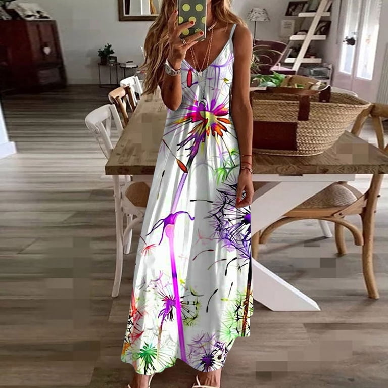 baggy party dresses Joau Womens Vintage Printed Sleeveless Baggy Maxi Dress Summer Casual V Neck Loose Flowy Long Dress Evening Party Holiday Beach Sundress, Women's,