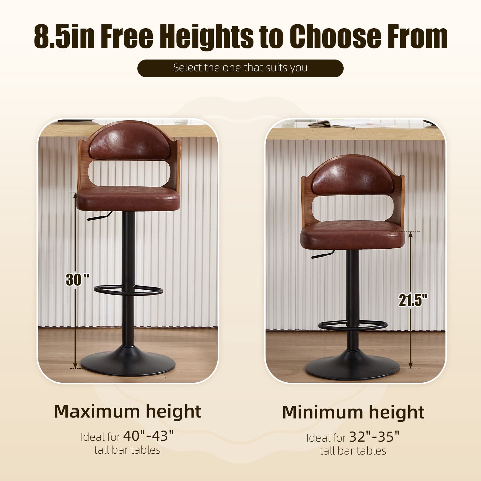 Homefun Swivel Bar Stools Set of 2,Wooden Upholstered Scratch-Resistant Fabric with Back,Chairs for Kitchen Island,Brown