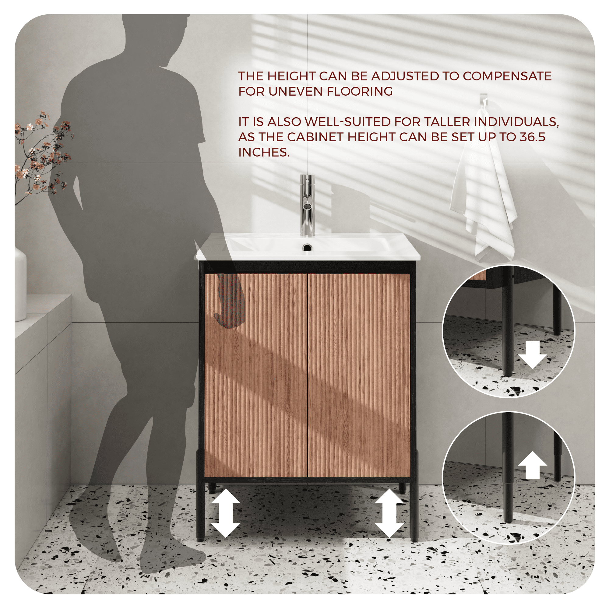 24 Inch Modern Bathroom Vanity Base Cabinet Only, Freestanding or Wall-Mounted with Soft Close Double Doors & Adjustable Shelf, Aluminum Legs (23.4" W x 17.9" D, Walnut & Black, No Sink)