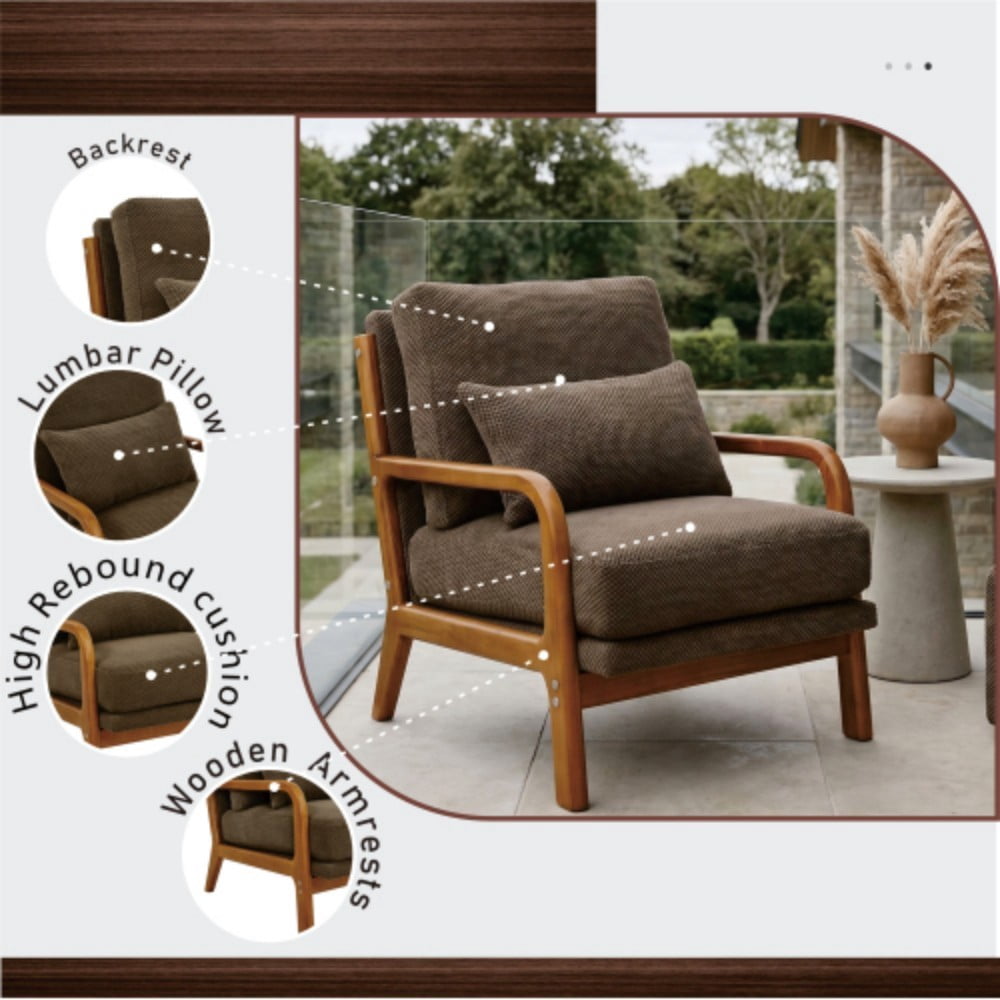 Wooden Lounge Chair, Modern Upholstered Accent Chair with Solid Wood Armrests, High-Density Foam Cushion, Reclined Backrest for Living Room, Bedroom & Office, Coffee