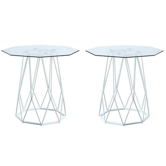 Home Square Growder Contemporary Glass Top End Table in White - Set of 2