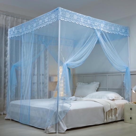 Bed Canopy, Princess Bed Curtain Net for Girls & Adults，Three-Doors Rectangle Lace Dome Netting (Baby Blue, King)