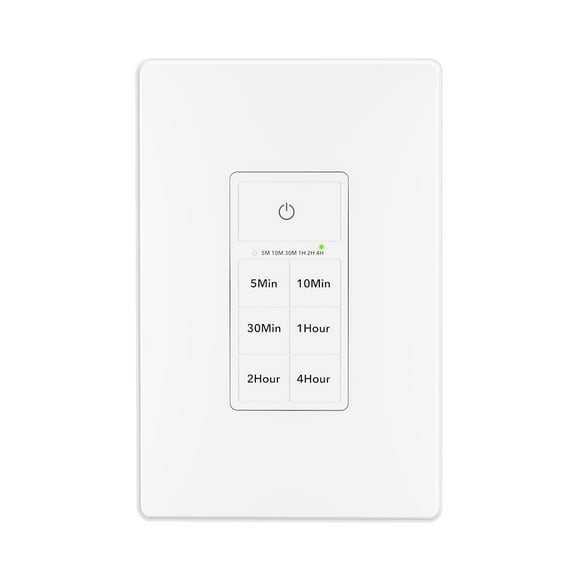 BN-LINK Countdown Timer Switch for Exhaust Fan Bathroom Fan Light Switch Timer Indoor with Push Button 5-10-30-60mins 2-4hours Wall Timer Light Switch Neutral Wire Required Free Plate White
