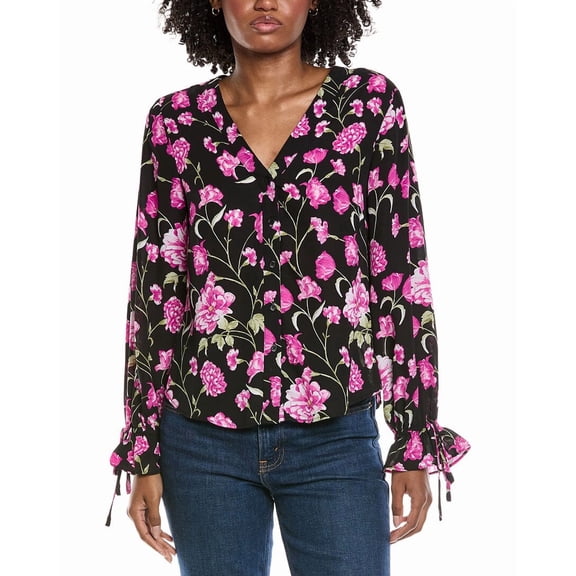 CeCe womens V-Neck Button Down Top, xs, Black