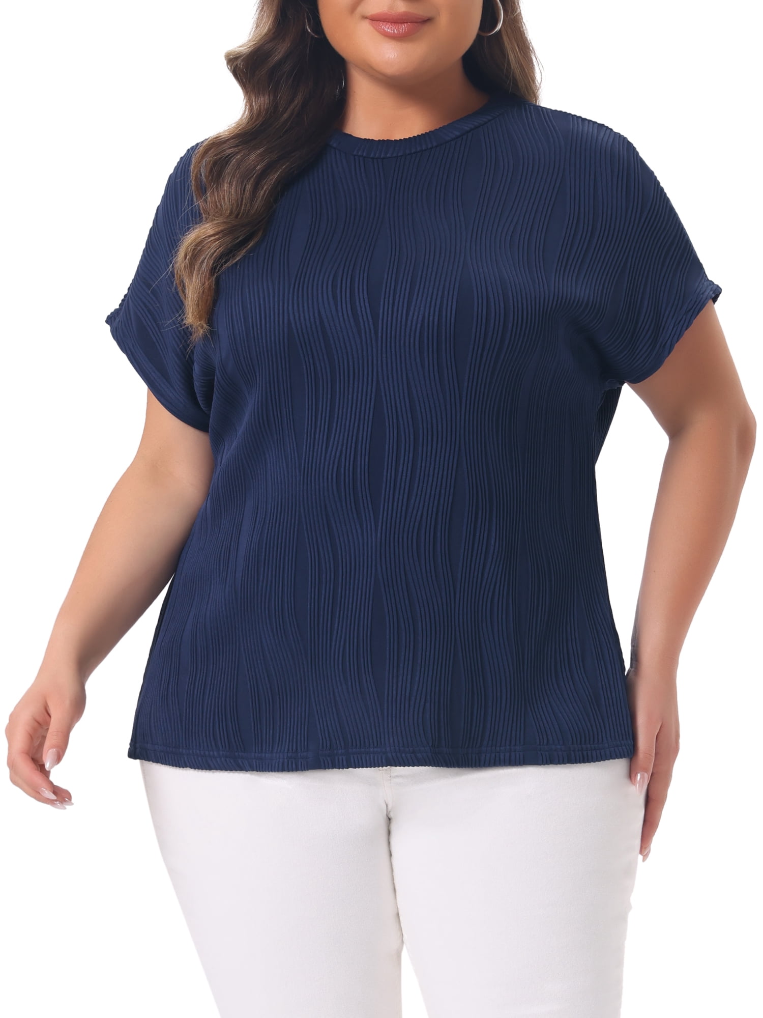 DARING DIVA Women's Plus Women's  Textured Tops Crewneck Casual T Shirts 3X Deep Blue