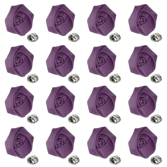 Uxcell 16 Pcs Flores de Solapa para Trajes de Hombre, Pin de Solapa de 2 Pulgadas para Hombres, Rosas de Tela Satinada Artificiales, Broches Boutonnieres para Bodas, Fiestas, Ceremonias, Morado