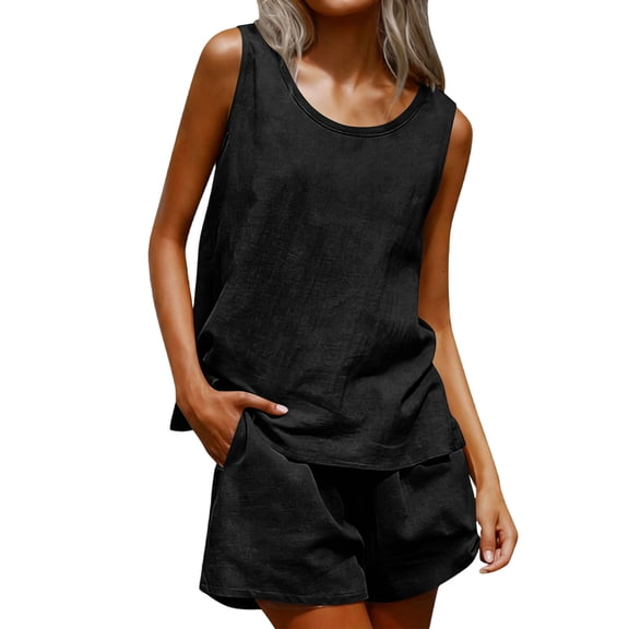 Moxiu Womens Linen 2 Piece Set Summer Gauze Tank Tops Matching Set Elastic Waist Shorts Lounge Set Beach Vacation Outfit Black,M