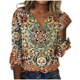 thumbnail image 2 of ICHUANYI Clearance Women's Casual Printed Three-quarter Sleeve V-neck Flared Sleeve T-shirt Shirt(Khaki, L) ICHUANYI WER2023080708894, 2 of 5