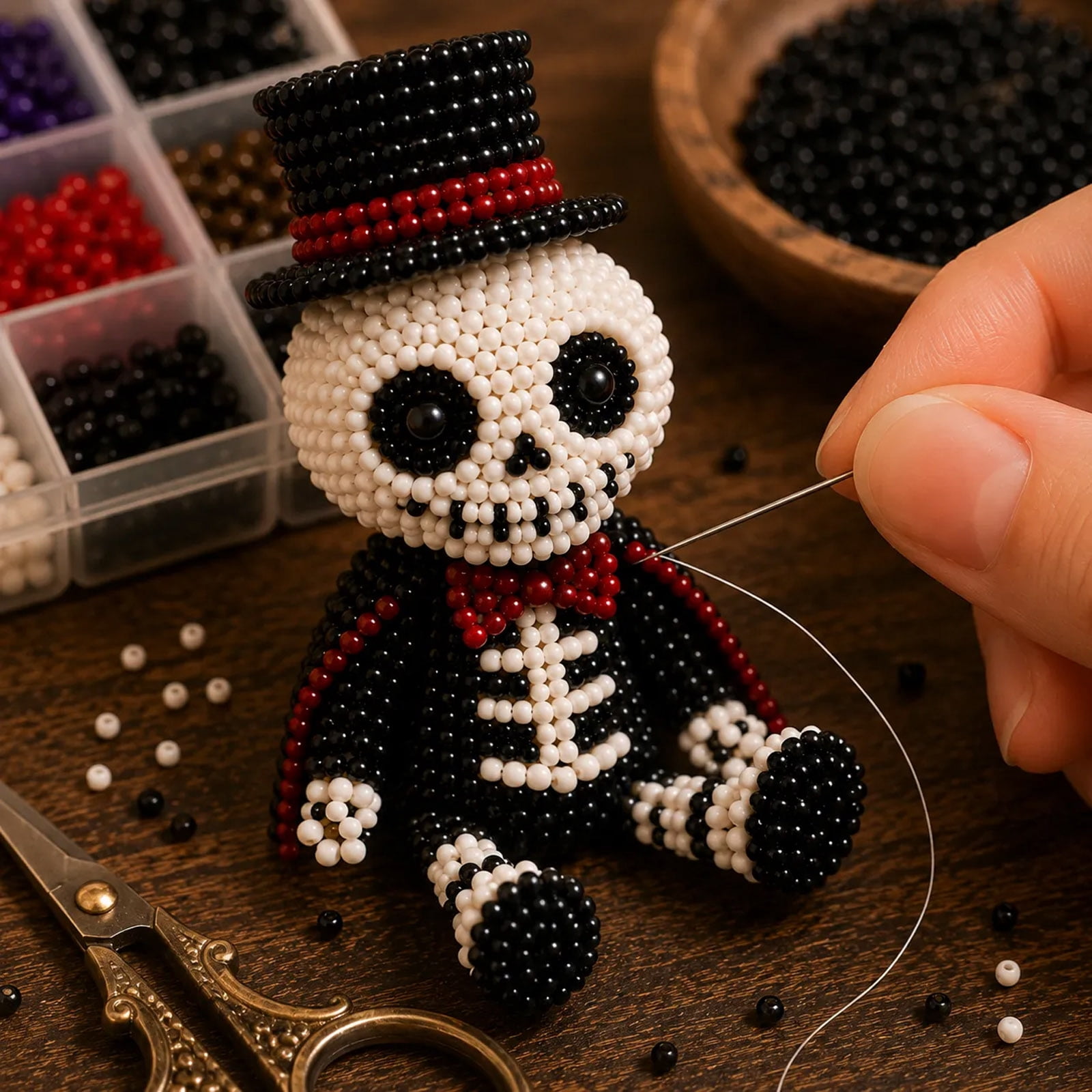 3D Beaded Skeleton DIY Kit, Cute Skeleton Bead Craft Set, Beginner Friendly Halloween Beading Set with Instruction, Handmade Skeleton Figurine Making Kit for Home Decor