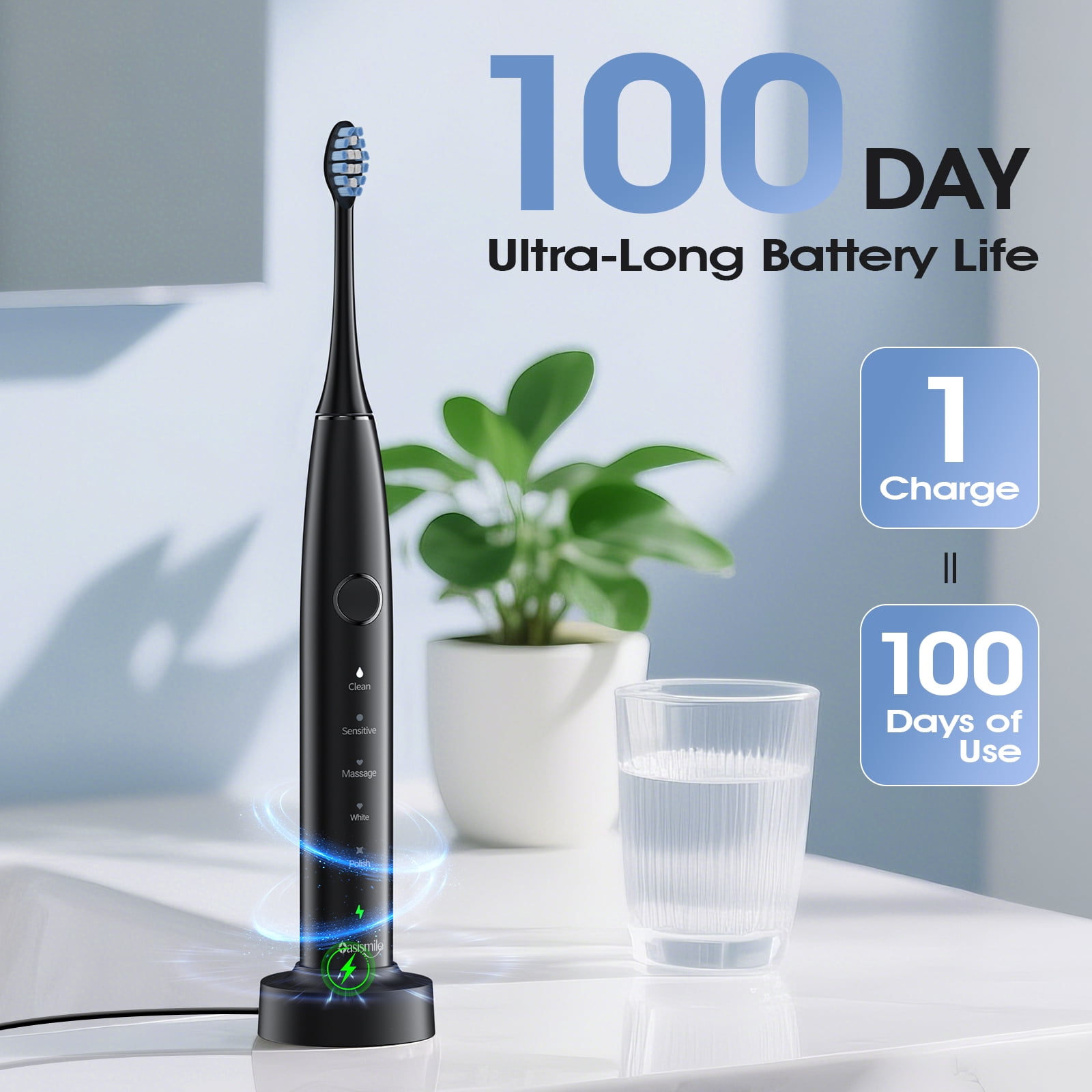 OasiSmile Sonic Electric Toothbrush Set for Adults with Travel Case, 6 Brush Heads, 100-Day Battery Life, 5 Modes 42000 VPM Rechargeable Power Toothbrush, Black