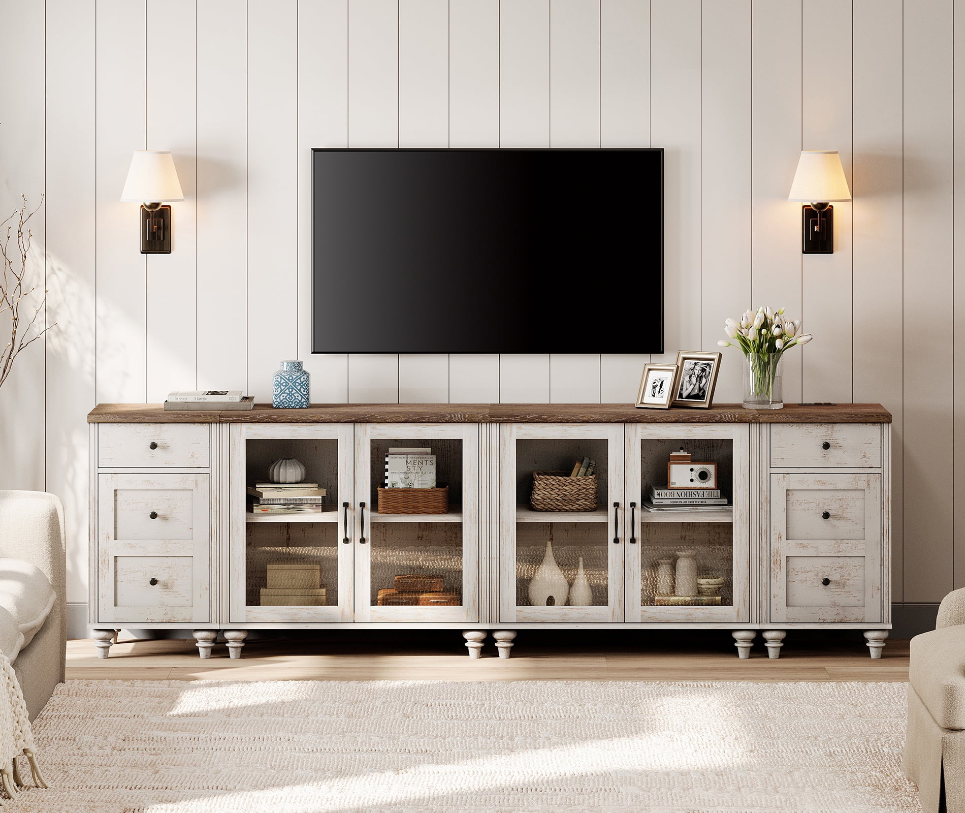 WAMPAT TV Stand for 100-Inch TV, Wood TV Console Table for 85/90/95-Inch TVs, Entertainment Center with Charging Station & Glass Door, Rustic White Kitchen Sideboard Buffet Cabinet for Dining Room