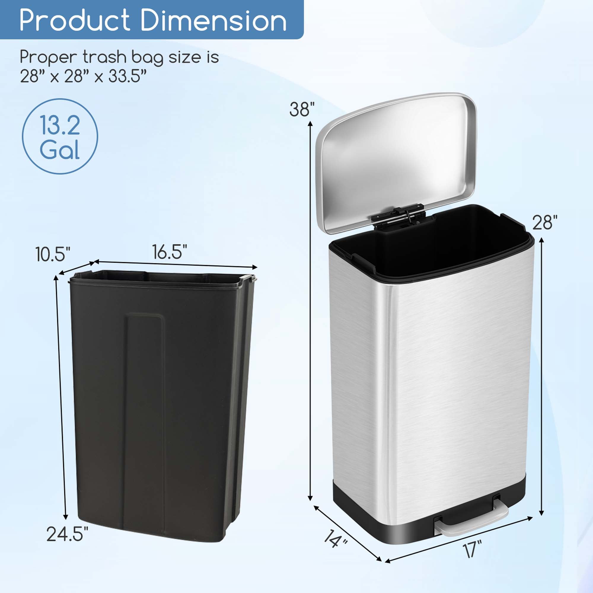 Costway Stainless Steel Trash Can, 13.2 Gal Garbage Can with Lid, Detachable Inner Pail
