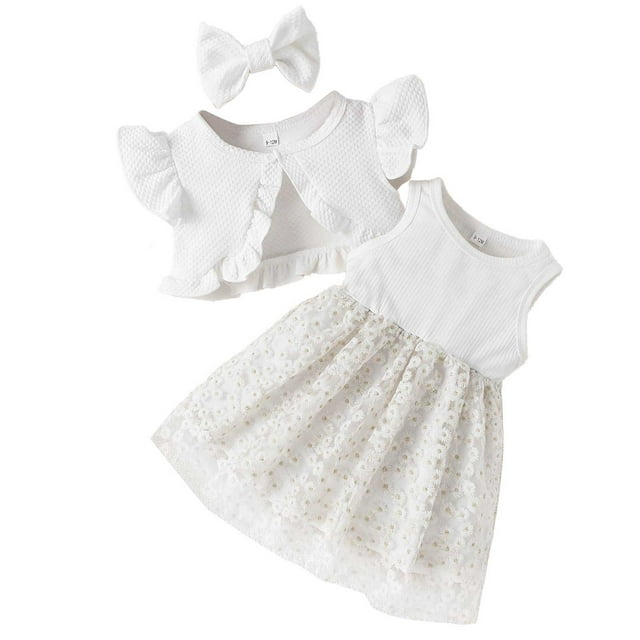 Robes pour Bébé Fille Tenues d'Été Mignonnes Robe Camisole Sans Manches et Ensemble Cardigan à Manches Courtes Ensemble 2 Pcs Robe pour Filles 3-6 Mois