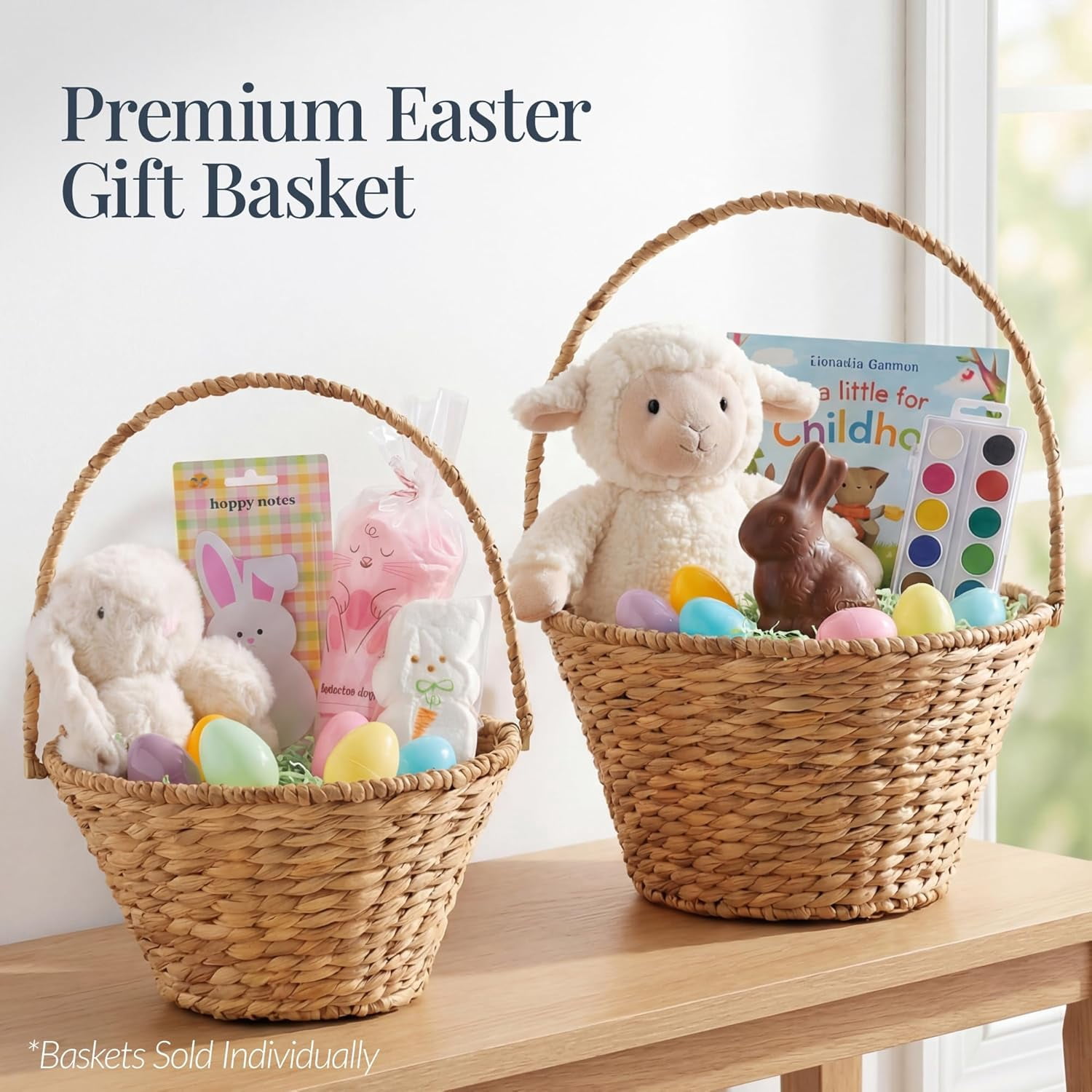 Themis Handwoven Easter Basket, Small Woven Easter Basket for Kids, Easter Egg Hunt Basket w/Collapsible Handle, Tapered Shape, Water Hyacinth - Natural