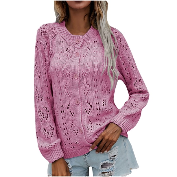 Cárdigan para mujer, cárdigan de punto con botones huecos sólidos y cuello redondo a la moda Odeerbi ODB-3