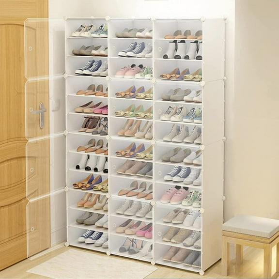 12-Tier Clear Shoe Rack Box Plastic Stackable Shoe Cabinet Organizer Large Waterproof Shoe Tower Rack Shoe Cube Units with Clear Doors, Storage for 72 Pairs Shoes (3 * 12)