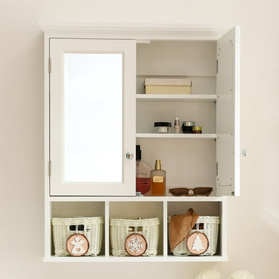 Tcbosik Bathroom Cabinet with Mirror Wall Mounted, Medicine Cabinet with 3 Baskets, Over the Toilet Storage Organize with Adjustable Shelves for Laundry Room, Kitchen, Easy Assembly, White