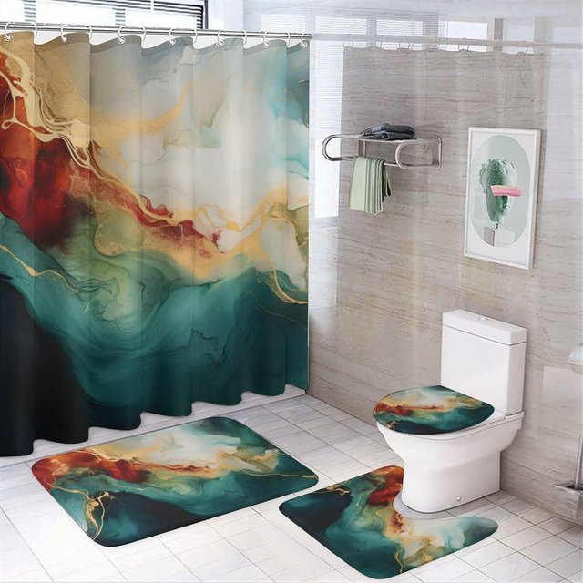 Faty-T Ensembles de Rideaux de Douche en Marbre Abstrait pour Salle de Bain, 4 Pcs, Texture Colorée, Décoration de Salle de Bain, Rideaux de Douche Imperméables avec 12 Crochets, Tapis de Couvercle de Toilette et Tapis de Bain