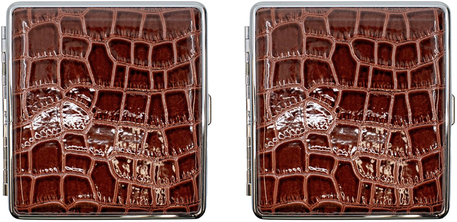 Set of 2 Metal-Plated King Size Leather Cigarette Case & Stash Box (Crocodile Brown)