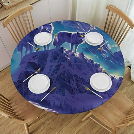 

Patifu Wolves Mountain Full Moon Round Table Cover Stain Resistant Washable Indoor Outdoor Tablecloth Kitchen Dining Wedding Parties 100% Polyester Full Width Single-Sided Printing Elastic Edge 42 -46
