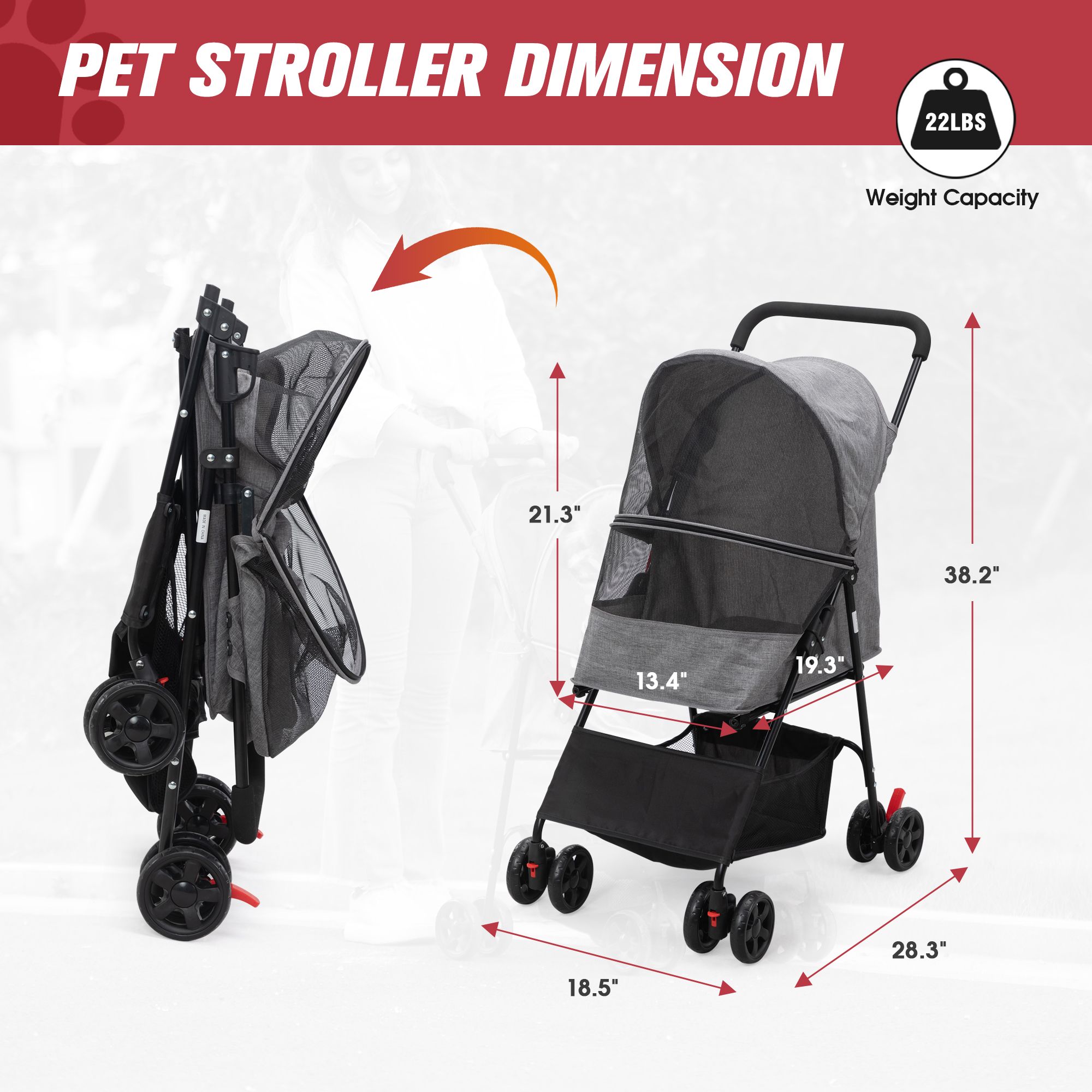 Pefilos 4 Wheels Foldable Pet Stroller, Small Dog Cat Stroller with Storage Basket for Small Puppies, Carrier Jogger Travel Puppy Stroller, Gray