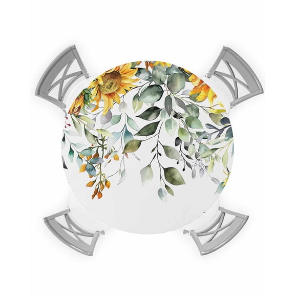 nqOlkjepod Sunflowers Round Tablecloth, Fitted Table Cover with Elastic for 45"-54" Round Tables, Eucalyptus Leaves Spring Floral Summer Botancial Table Cloth Dinning Party Waterproof Tablecloths