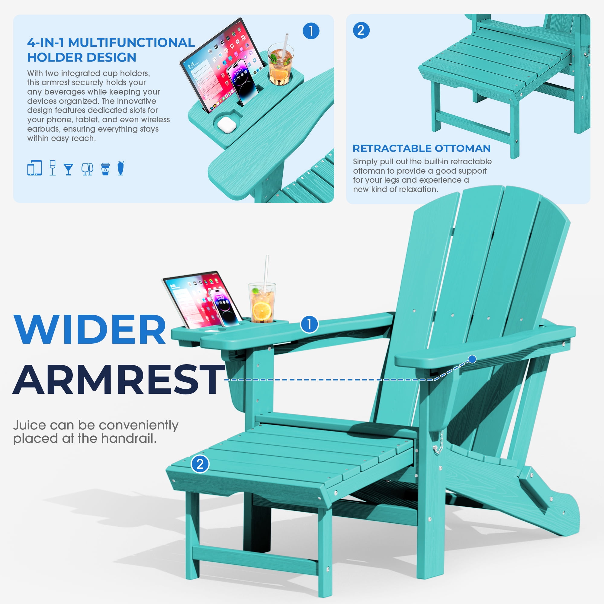 KINGYES Folding Adirondack Chair, Adjustable Backrest with Pull-Out Footrest & 4-in-1 Mobile Phone, Tablet, Cup Holder Tray, HDPE Plastic Adirondack Chair for Patio Garden Outdoors Fire Pit