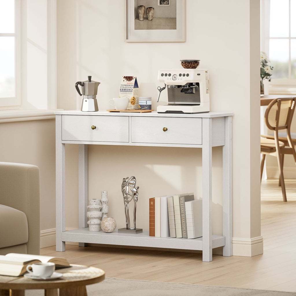 Aiho Console Table 39" with Drawers, Wood Entryway Table Hallway Table with Open Storage, Sofa Table for Living Room, Foyer and Corridor - White