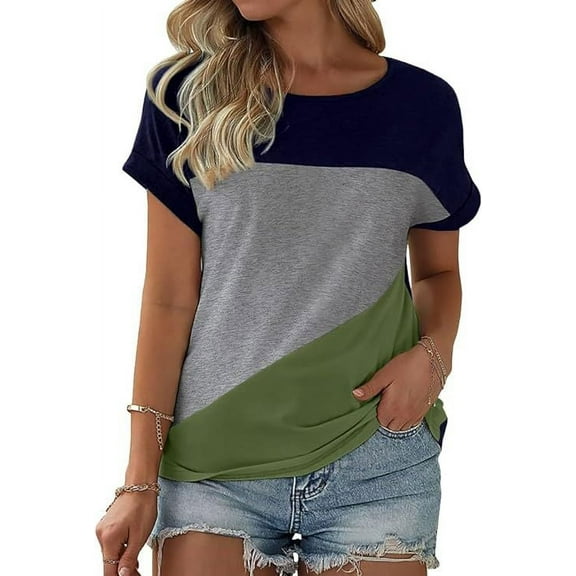Womens Color Block Short Sleeve Tops Casual Summer T-Shirt, Navy Blue/Grey/Green, Medium