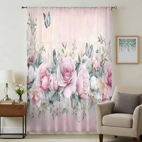 Pink Roses Floral Sheer Curtains 45 Inches Long, Vintage Romance Botanical Flowers Light Filering Curtains, Breathable Simi Curtain Privacy Drapes for Kitchen Bathroom Small Window Treatment