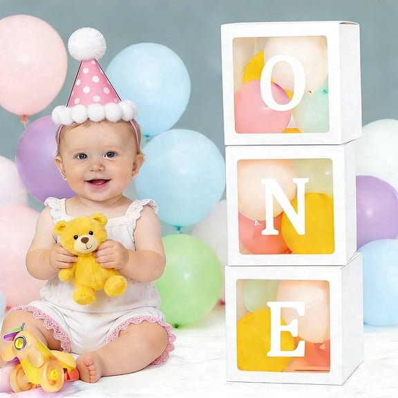 TVYTYAT Birthday Balloon Box Set, "ONE" 1st Birthday 3Clear Boxes with Letters and Balloons, 3 Count for Baby Boy or Girl Photo Backdrop