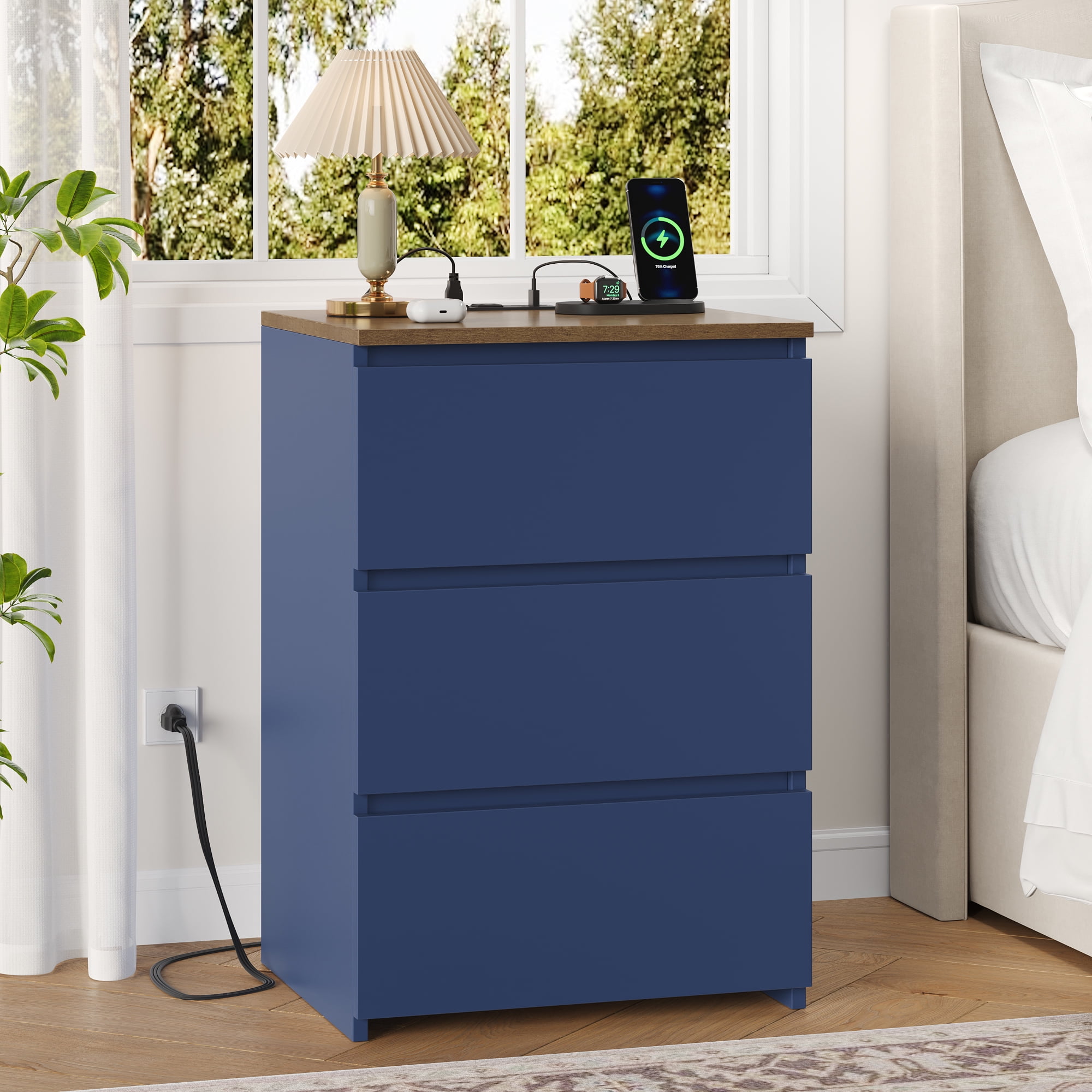 Homfa 3 Drawers Nightstand with Charging Station, Side Table with Storage for Living Room, Bedside Nightstand for Bedroom, Blue