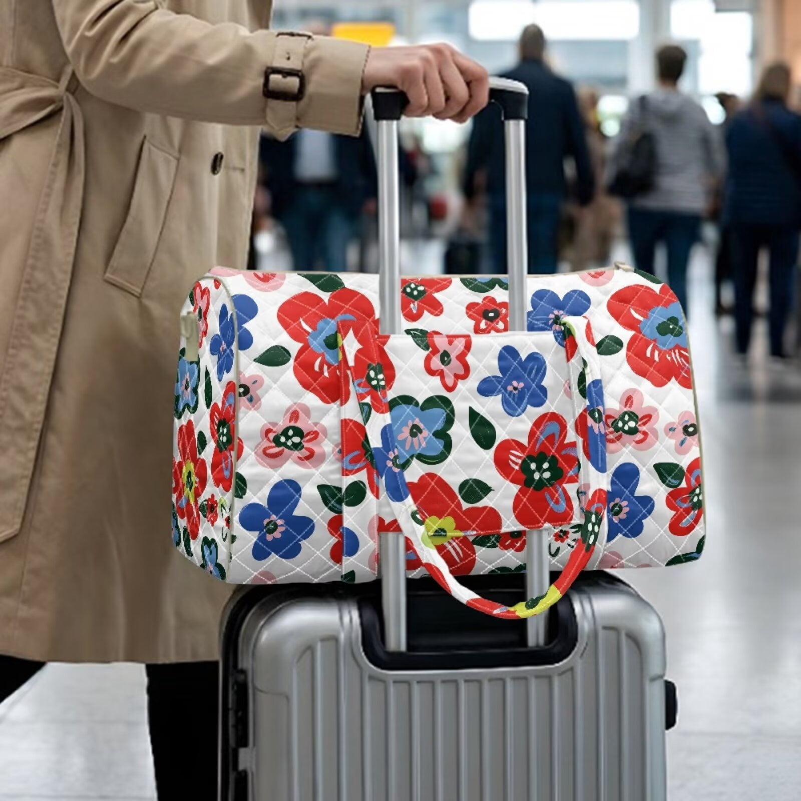 Garronmavis Large Floral Quilted Duffle Bag for Women, Cute Weekender Travel Carry On Overnight Bag with Pockets for Gym, Dance, Hospital Labor & Delivery