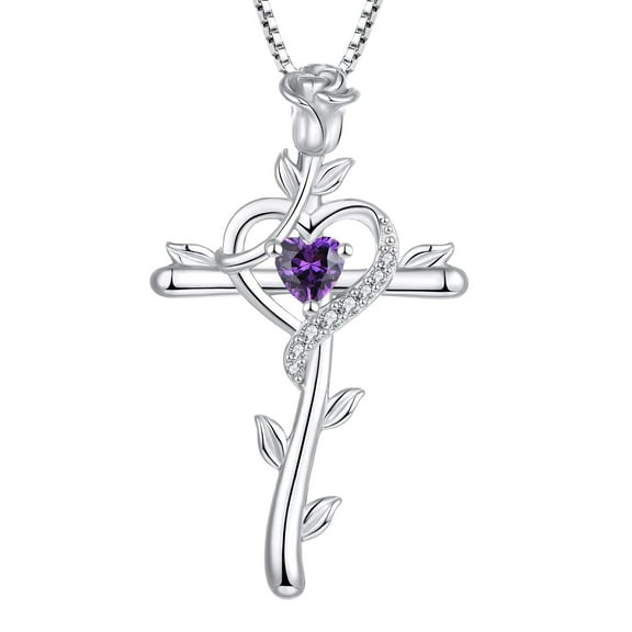 Starchenie Rose Cross Necklace 925 Sterling Silver Heart Crucifix Pendant Birthstones February Amethyst Jewelry for Women