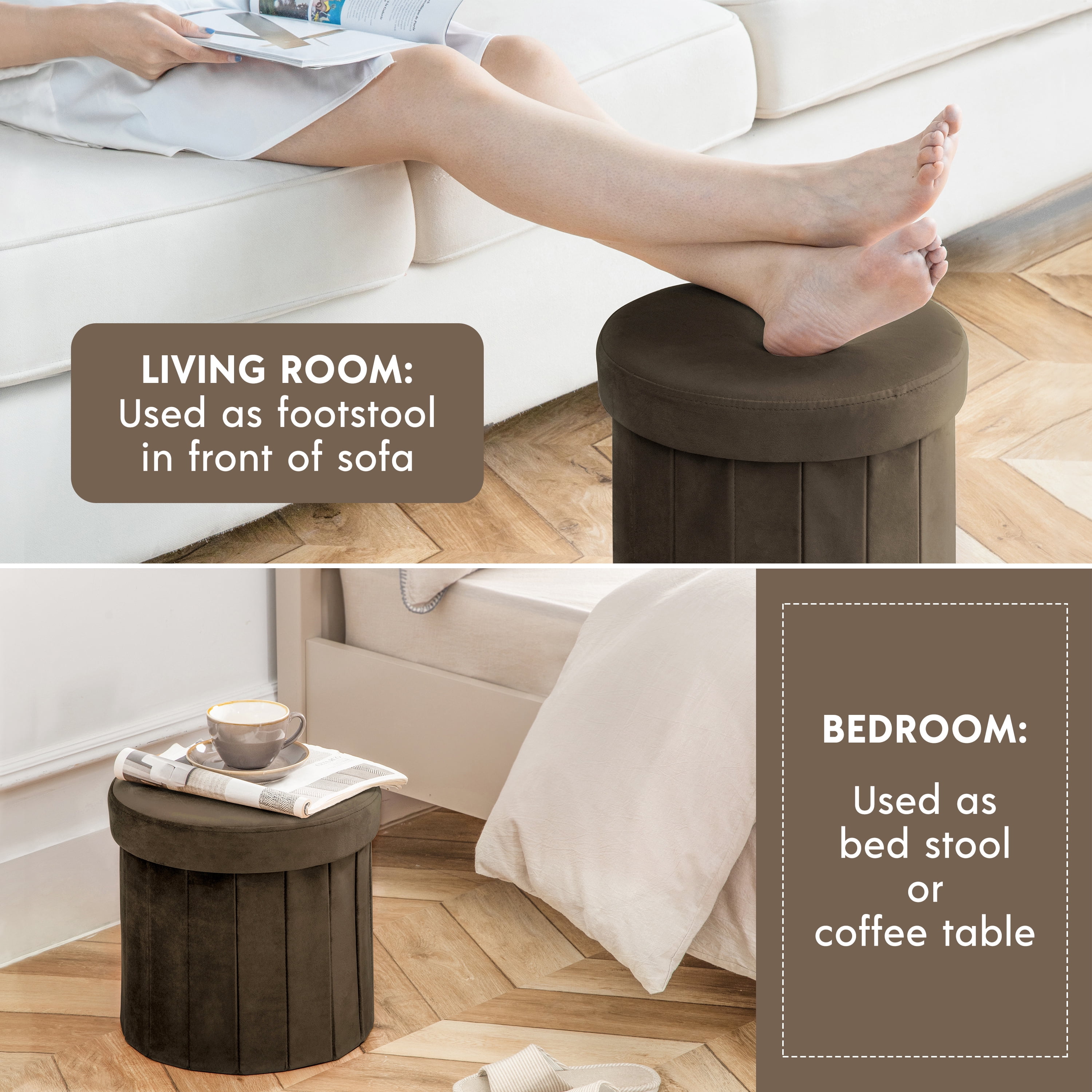Phantoscope 14 in Round Velvet Storage Ottoman, Folding Footstool with Hidden Storage, Padded Seat and Toy Box, Dark Brown, 220 lbs Capacity