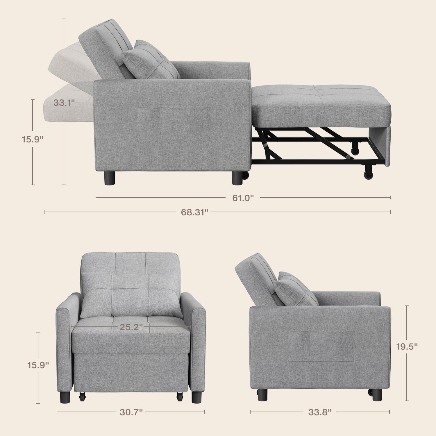3-in-1 Convertible Sleeper Chair, Lightweight Foldable Sofa Bed for Small Spaces, Linen Upholstery, Light Gray