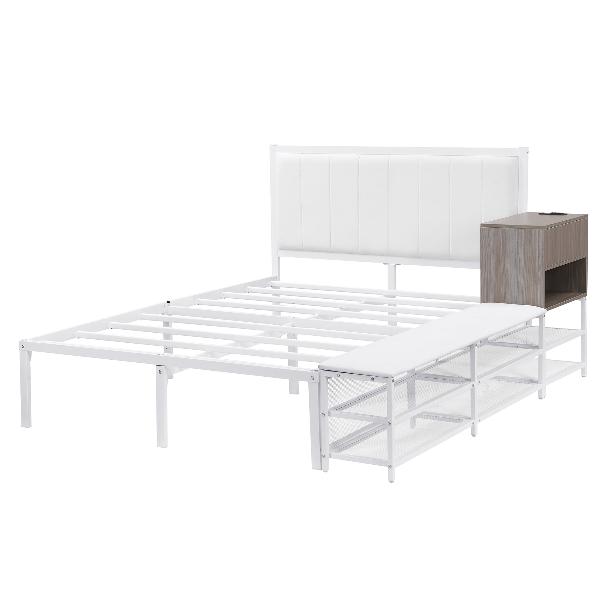 Euroco Metal Full Size Platform Bed with Two-Tier Storage Shelves, Wooden Storage Cabinet for Kids Teens, White
