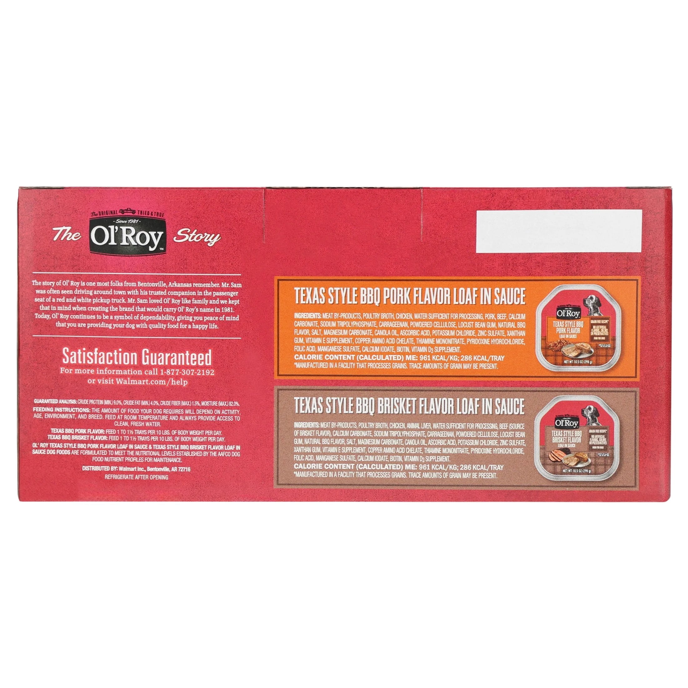 (4 pack) Ol' Roy Texas Style BBQ Brisket Flavor and BBQ Pork Flavor Grain-Free Wet Dog Food Variety Pack, 10.5 oz Cups, 6 Pack